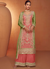 Peach and Green Embroidered Chinon Palazzo Style Suit