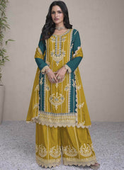 Mustard Yellow and Dark Green Real Chinon Palazzo Style Suit