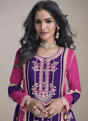 Purple and Pink Real Chinon Palazzo Style Suit