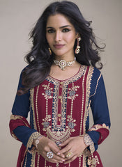 Maroon and Navy Blue Real Chinon Palazzo Style Suit