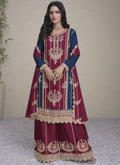 Maroon and Navy Blue Real Chinon Palazzo Style Suit