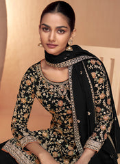 Black Thread Embroidery Real Chinon Palazzo Style Suit