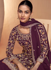 Wine-Purple Thread Embroidery Real Chinon Palazzo Style Suit