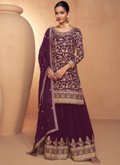 Wine-Purple Thread Embroidery Real Chinon Palazzo Style Suit