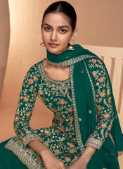 Dark Green Thread Embroidery Real Chinon Palazzo Style Suit