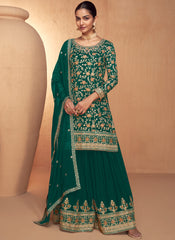 Dark Green Thread Embroidery Real Chinon Palazzo Style Suit