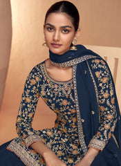 Navy Blue Thread Embroidery Real Chinon Palazzo Style Suit