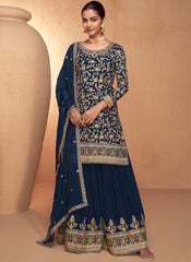 Navy Blue Thread Embroidery Real Chinon Palazzo Style Suit