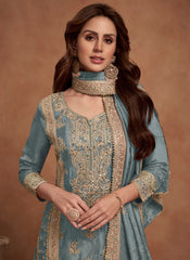 Blue Multi Embroidered Wedding Palazzo Suit