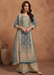 Blue Multi Embroidered Wedding Palazzo Suit