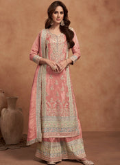 Peach Multi Embroidered Wedding Palazzo Suit