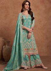 Sea Green Multi Embroidered Wedding Palazzo Suit