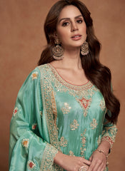 Sea Green Multi Embroidered Wedding Palazzo Suit