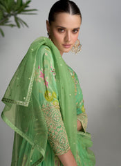 Light Green Floral Printed Handwork Embroidered Anarkali Suit