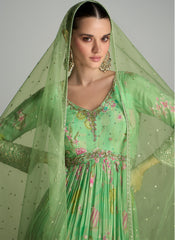 Light Green Floral Printed Handwork Embroidered Anarkali Suit