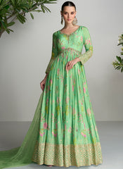 Light Green Floral Printed Handwork Embroidered Anarkali Suit