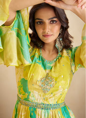 Yellow Floral Printed Handwork Embroidered Anarkali Suit