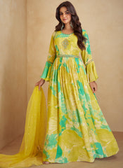 Yellow Floral Printed Handwork Embroidered Anarkali Suit