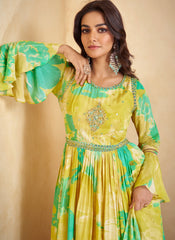 Yellow Floral Printed Handwork Embroidered Anarkali Suit