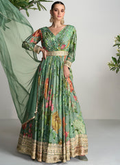 Green Floral Printed Handwork Embroidered Anarkali Suit