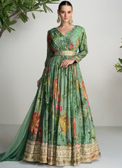 Green Floral Printed Handwork Embroidered Anarkali Suit