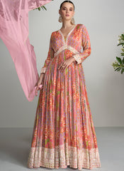 Pink Floral Printed Handwork Embroidered Anarkali Suit