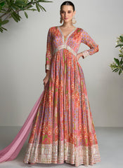 Pink Floral Printed Handwork Embroidered Anarkali Suit