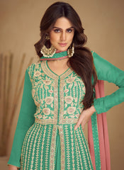 Green And Peach Traditional Embroidered Wedding Anarkali Lehenga