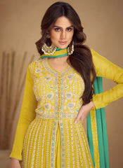 Yellow And Turquoise Traditional Embroidered Wedding Anarkali Lehenga