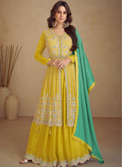 Yellow And Turquoise Traditional Embroidered Wedding Anarkali Lehenga