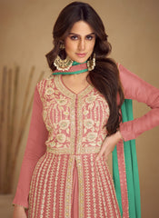 Peach And Green Traditional Embroidered Wedding Anarkali Lehenga