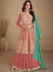 Peach And Green Traditional Embroidered Wedding Anarkali Lehenga