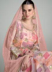 Peach And Pink Digital Printed Handwork Embroidered Anarkali Suit