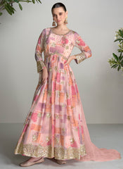 Peach And Pink Digital Printed Handwork Embroidered Anarkali Suit