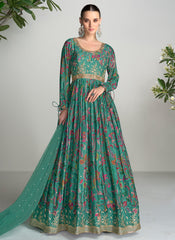 Dark Green Digital Printed Handwork Embroidered Anarkali Suit