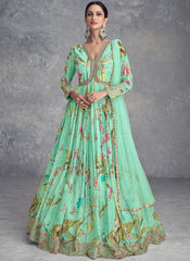 Sea Green Digital Printed Handwork Embroidered Anarkali Suit