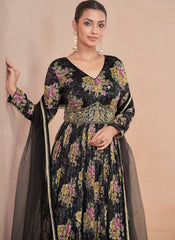 Black Floral Print And Handwork Embroidery Anarkali Suit