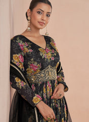 Black Floral Print And Handwork Embroidery Anarkali Suit