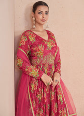 Rani Pink Floral Print And Handwork Embroidery Anarkali Suit