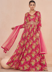 Rani Pink Floral Print And Handwork Embroidery Anarkali Suit