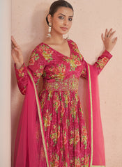 Rani Pink Floral Print And Handwork Embroidery Anarkali Suit