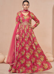 Rani Pink Floral Print And Handwork Embroidery Anarkali Suit