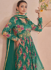 Rama Green Floral Print And Handwork Embroidery Anarkali Suit