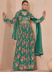 Rama Green Floral Print And Handwork Embroidery Anarkali Suit