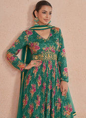 Rama Green Floral Print And Handwork Embroidery Anarkali Suit