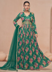 Rama Green Floral Print And Handwork Embroidery Anarkali Suit