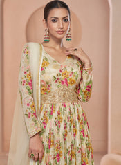 Off White Floral Print And Handwork Embroidery Anarkali Suit