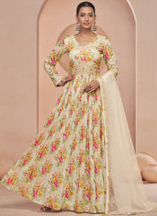 Off White Floral Print And Handwork Embroidery Anarkali Suit