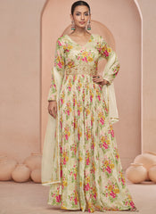 Off White Floral Print And Handwork Embroidery Anarkali Suit