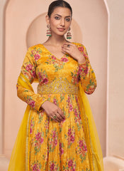 Yellow Floral Print And Handwork Embroidery Anarkali Suit